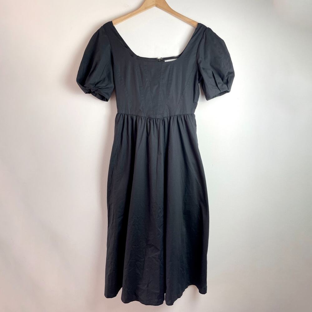 Black Puff‎ Sleeve Midi Dress Sz Medium Witchy Milkmaid Cottage Romantic